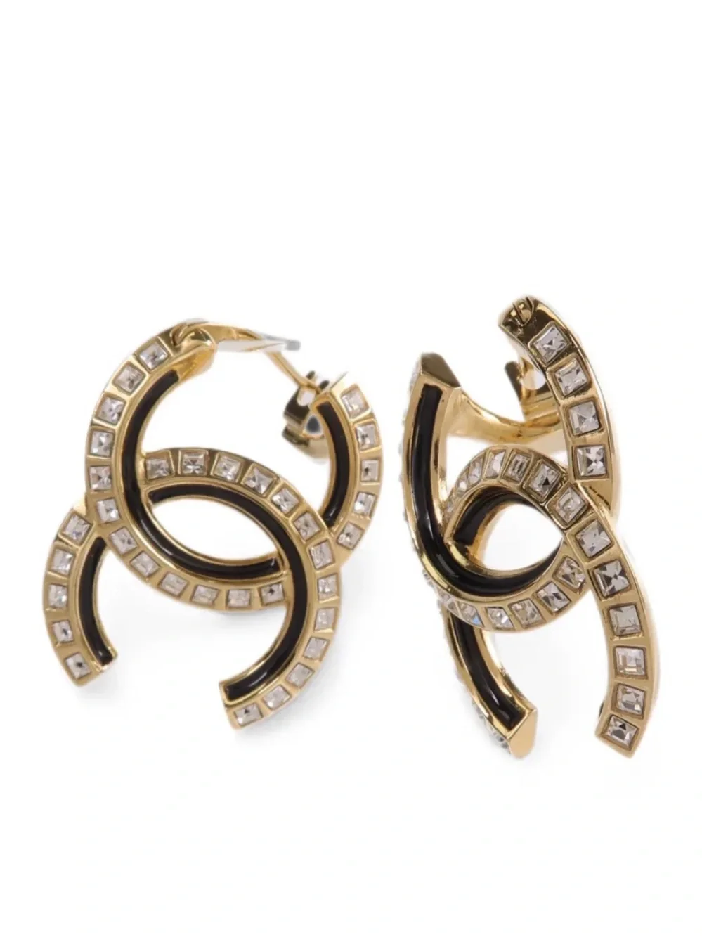 CHANEL Gold and Black CC Crystal-Embellished Earrings